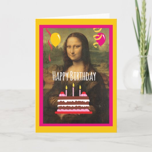 Mona Lisa Birthday With Cake en Ballons Kaart (Voorkant)