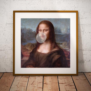 Mona Lisa blaast grijze kauwgom bubbel Perfect Poster