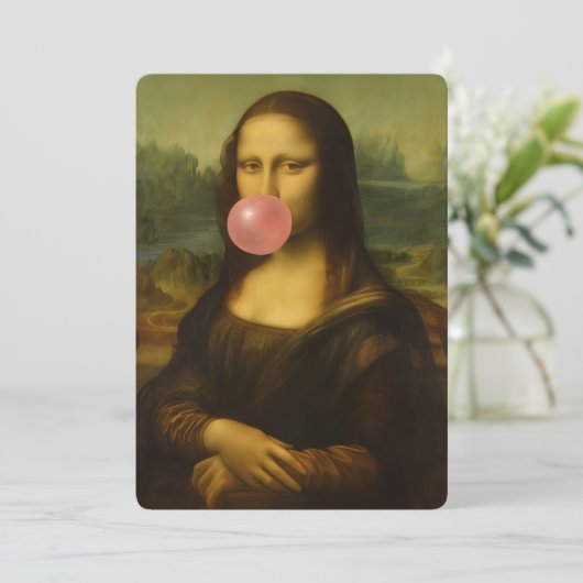 Mona Lisa blaast roze bubbelkauwgom Feestdagenkaart (Staand voorkant)