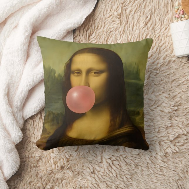Mona Lisa blaast roze bubbelkauwgom Kussen (Deken)
