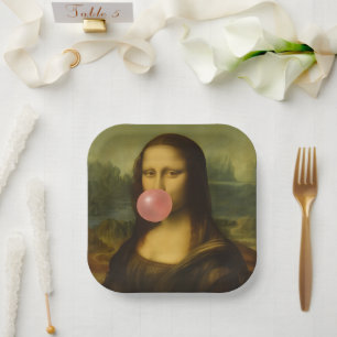 Mona Lisa blaast roze bubbelkauwgom Papieren Bordje