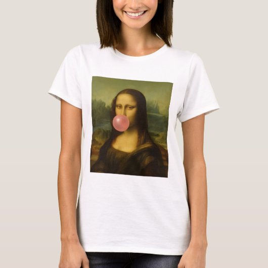 Mona Lisa blaast roze bubbelkauwgom T-shirt (Voorkant)