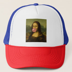 Mona Lisa blaast roze bubbelkauwgom Trucker Pet