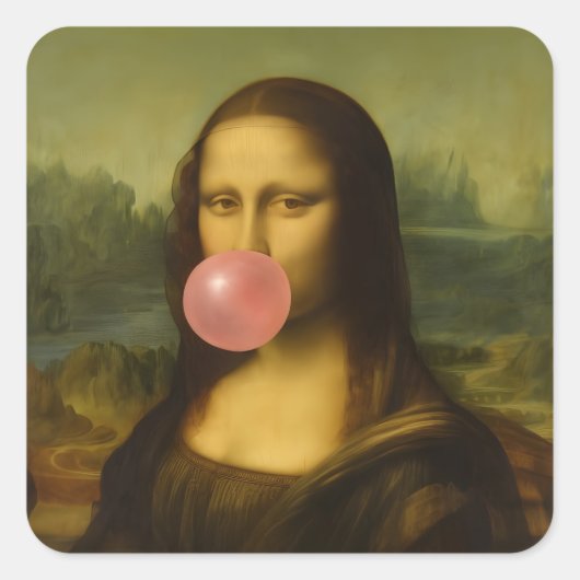 Mona Lisa blaast roze bubbelkauwgom Vierkante Sticker (Voorkant)