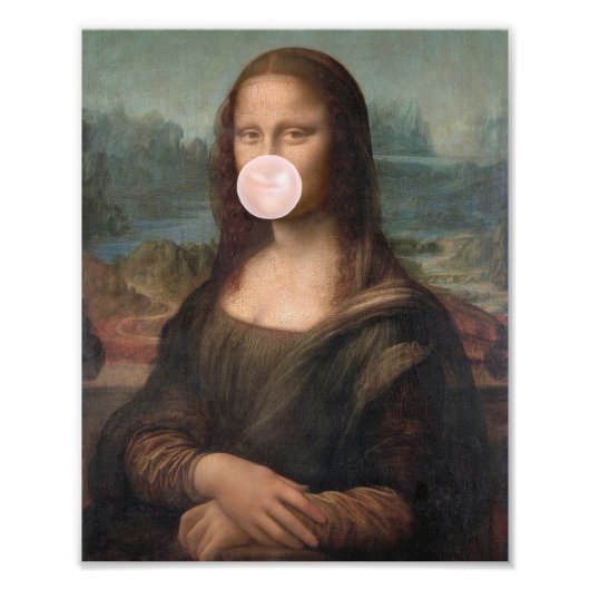 Mona Lisa Blaast Roze Bubble Gum  Foto Afdruk (Voorkant)