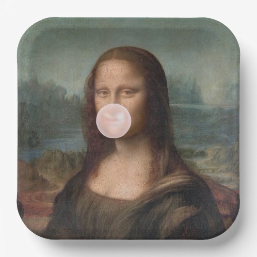 Mona Lisa Blaast Roze Bubble Gum Papieren Bordje (Voorkant)