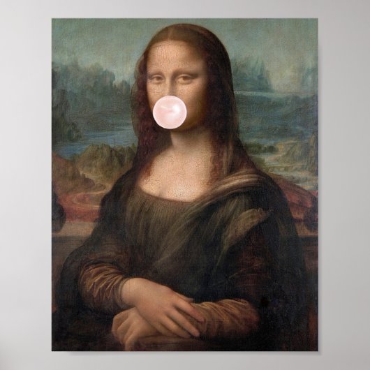 Mona Lisa die roze kauwgom blaast Poster (Voorkant)