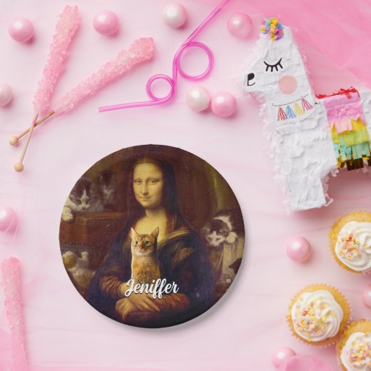 Mona Lisa en haar kat Papieren Bordje (Feest)
