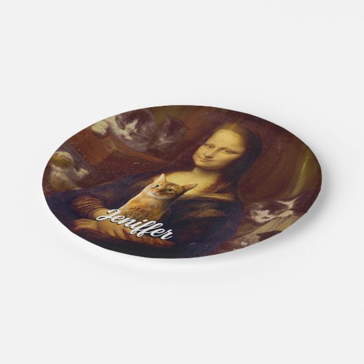 Mona Lisa en haar kat Papieren Bordje (Gekanteld)
