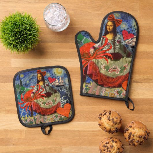 Mona Lisa Fun Zodiac Whimsical Ovenwant & Pannenlap Set (Top down)