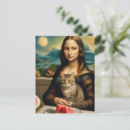 Mona Lisa & haar kat - Zomer vibes \ Briefkaart (Staand voorkant)