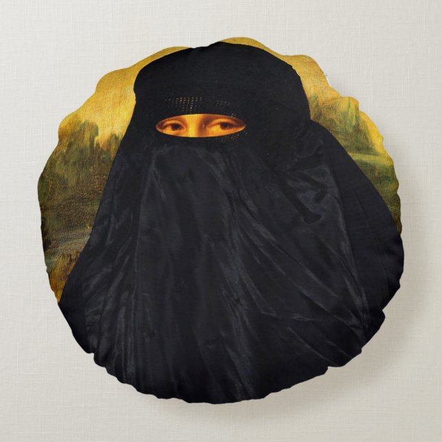 Mona Lisa Hidden Behind Burqa Rond Kussen (Achterkant)
