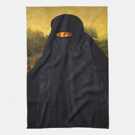Mona Lisa Hidden Behind Burqa Theedoek (Verticaal)