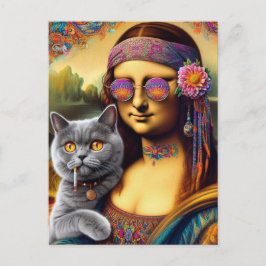 Mona Lisa Hippie Roken Grijs Kat Briefkaart