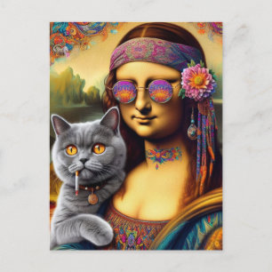 Mona Lisa Hippie Roken Grijs Kat Briefkaart