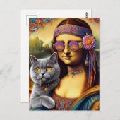 Mona Lisa Hippie Roken Grijs Kat Briefkaart (Voorkant / Achterkant)