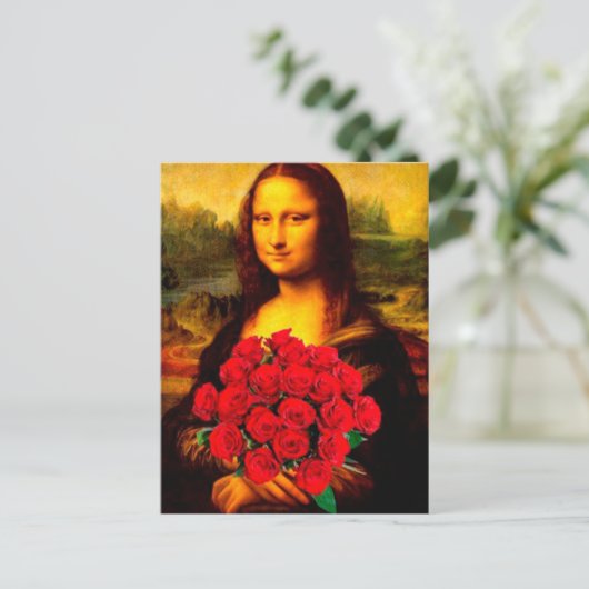 Mona Lisa houdt de rode rozen Leonardo Da Vinci va Briefkaart (Staand voorkant)