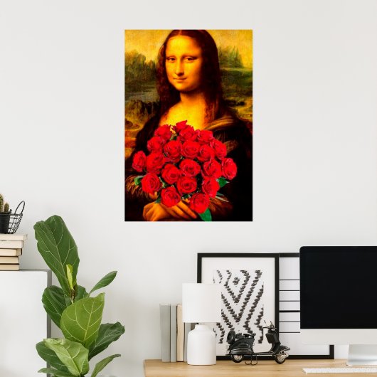 Mona Lisa houdt de rode rozen Leonardo Da Vinci va Poster (Thuiskantoor)