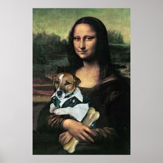 Mona Lisa houdt een hond en een bot vast Poster (Voorkant)