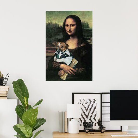 Mona Lisa houdt een hond en een bot vast Poster (Thuiskantoor)