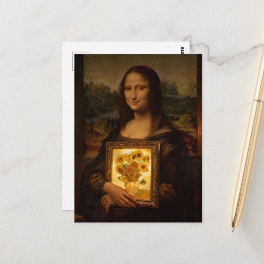 Mona Lisa houdt een Van Gogh vast Briefkaart (Voorkant / Achterkant in situ)
