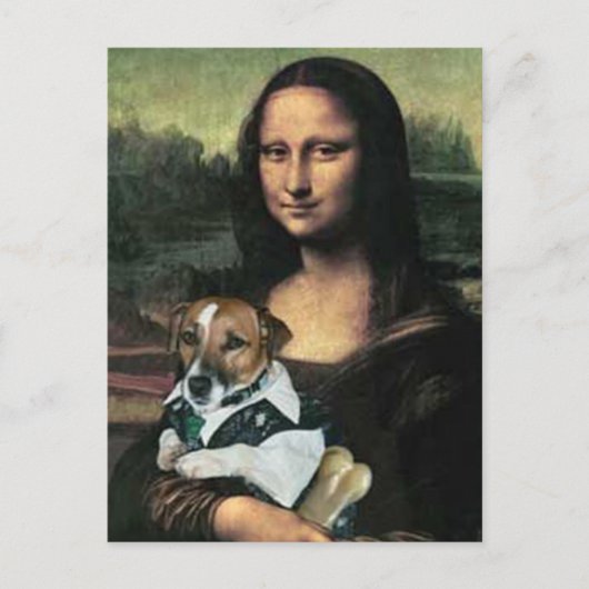 Mona Lisa houdt haar hond en een bot vast Briefkaart (Voorkant)