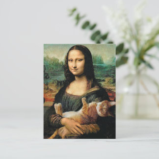 Mona Lisa houdt haar kat Leonardo da Vinci vast Briefkaart