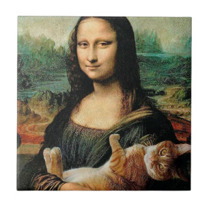 Mona Lisa houdt haar kat Leonardo da Vinci vast Tegeltje