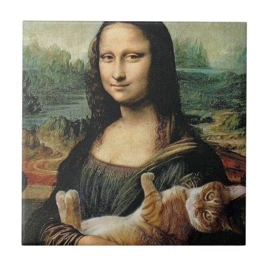 Mona Lisa houdt haar kat Leonardo da Vinci vast Tegeltje (Voorkant)