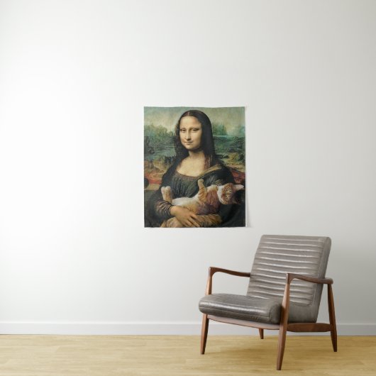 Mona Lisa houdt haar katart Leonardo da Vinci vast Wandkleed (In situ)