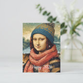 Mona Lisa  in beanie  - Happy 2026 Feestdagenkaart (Staand voorkant)