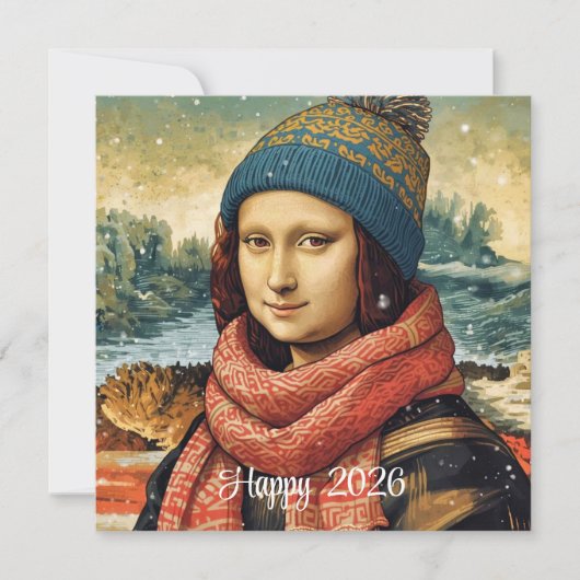 Mona Lisa  in beanie  - Happy 2026 Feestdagenkaart (Voorkant)