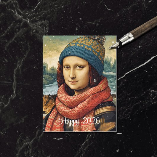 Mona Lisa  in beanie  - Happy 2026 Feestdagenkaart