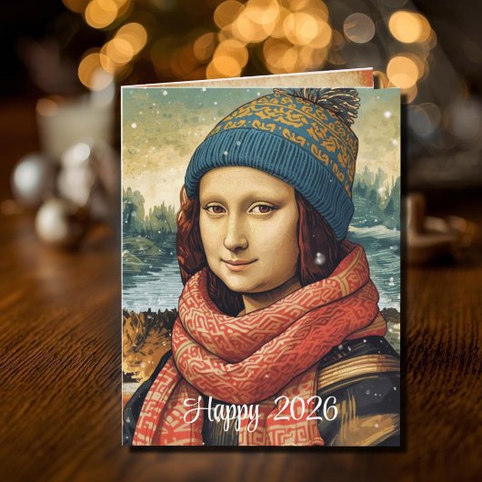 Mona Lisa  in beanie  - Happy 2026 Kaart