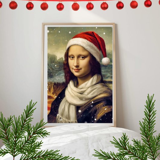 Mona Lisa in kerstmuts - feestelijke sfeer Poster
