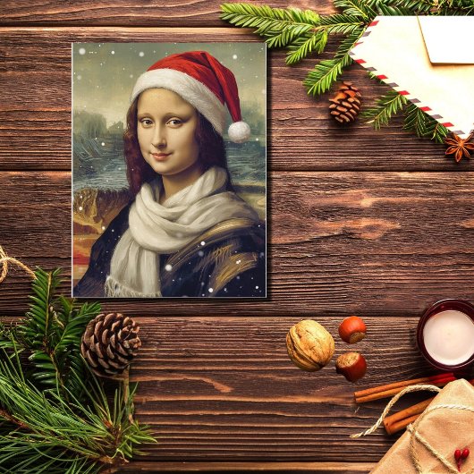 Mona Lisa in kerstmuts - vrolijke sfeer Briefkaart