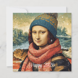 Mona Lisa in muts - Gelukkig 2026 Feestdagenkaart