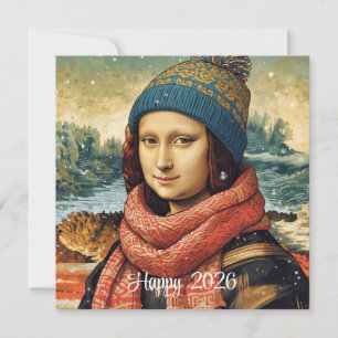 Mona Lisa in muts - Gelukkig 2026 Feestdagenkaart