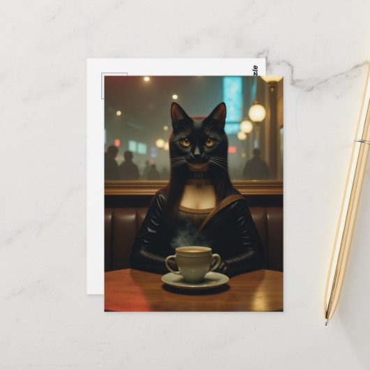 Mona Lisa Kat in een koffiezaak Briefkaart (Voorkant / Achterkant in situ)