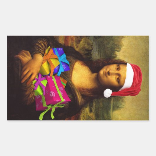 Mona Lisa komt als kerstman Rechthoekige Sticker (Voorkant)