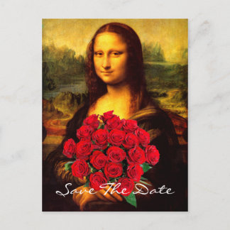 Mona Lisa Met Boeket Rode Rozen Aankondigingskaart