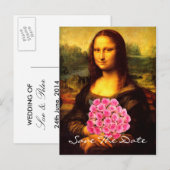 Mona Lisa Met Boeket Roze Rozen Aankondigingskaart (Voorkant / Achterkant)