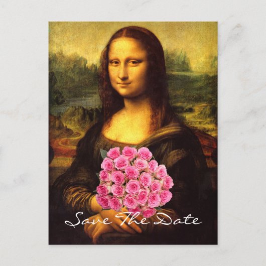 Mona Lisa Met Boeket Roze Rozen Aankondigingskaart (Voorkant)