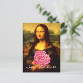 Mona Lisa Met Boeket Roze Rozen Aankondigingskaart (Staand voorkant)