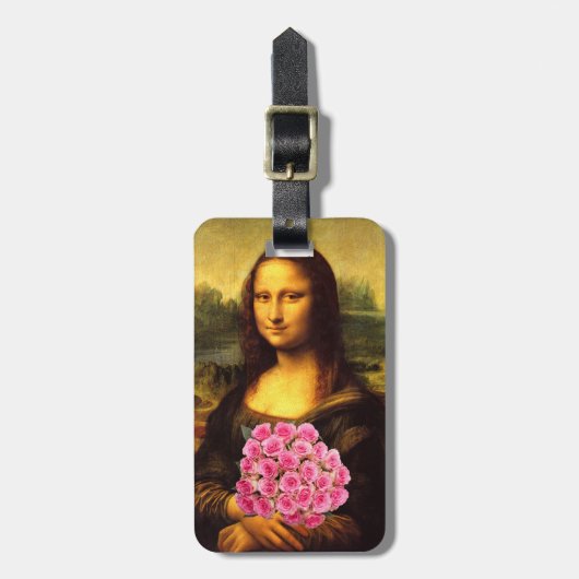 Mona Lisa Met Boeket Roze Rozen Bagagelabel (Voorkant verticaal)