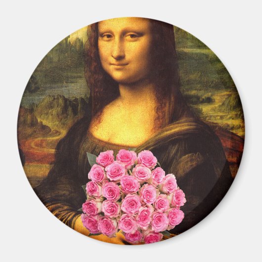 Mona Lisa met boeket roze rozen Magneet (Voorkant)