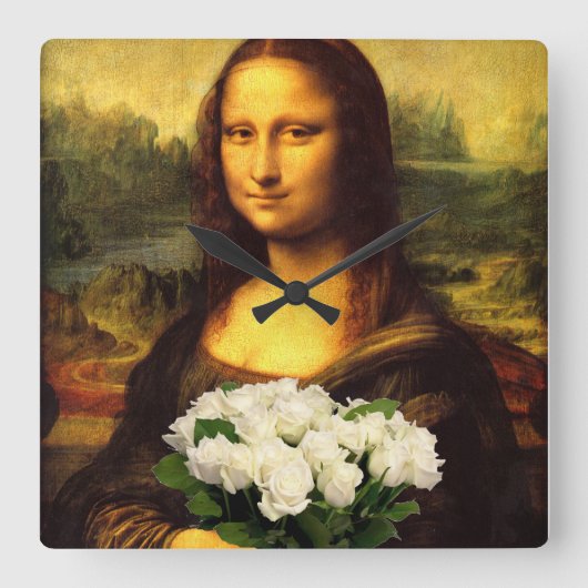 Mona Lisa met bruine rozen Vierkante Klok (Voorkant)