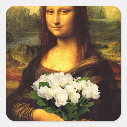 Mona Lisa met bruine rozen Vierkante Sticker (Voorkant)