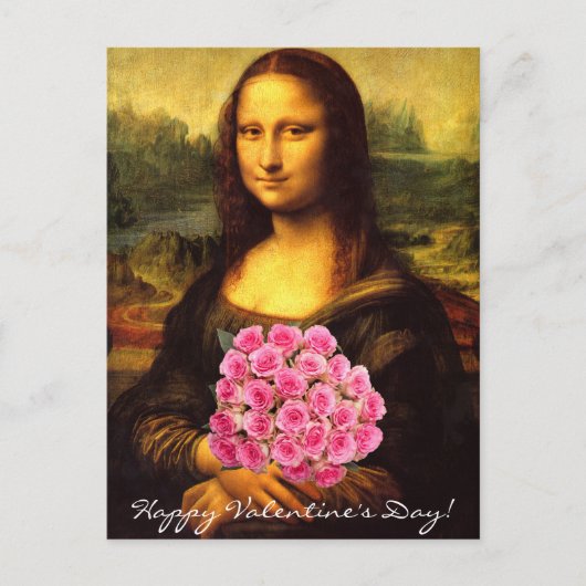 Mona Lisa met een bolle roze rozen Feestdagenkaart (Voorkant)
