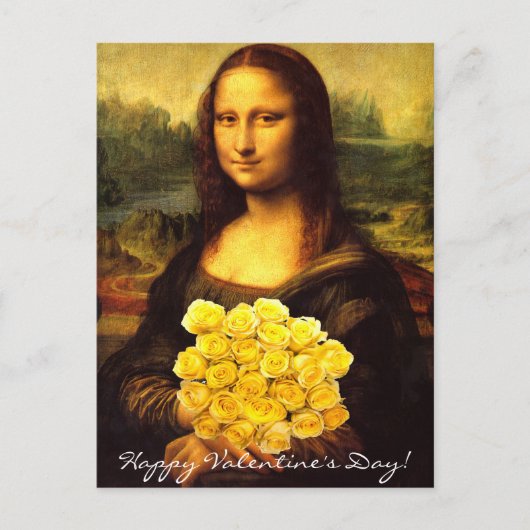 Mona Lisa met een bolletje gele rozen Feestdagenkaart (Voorkant)